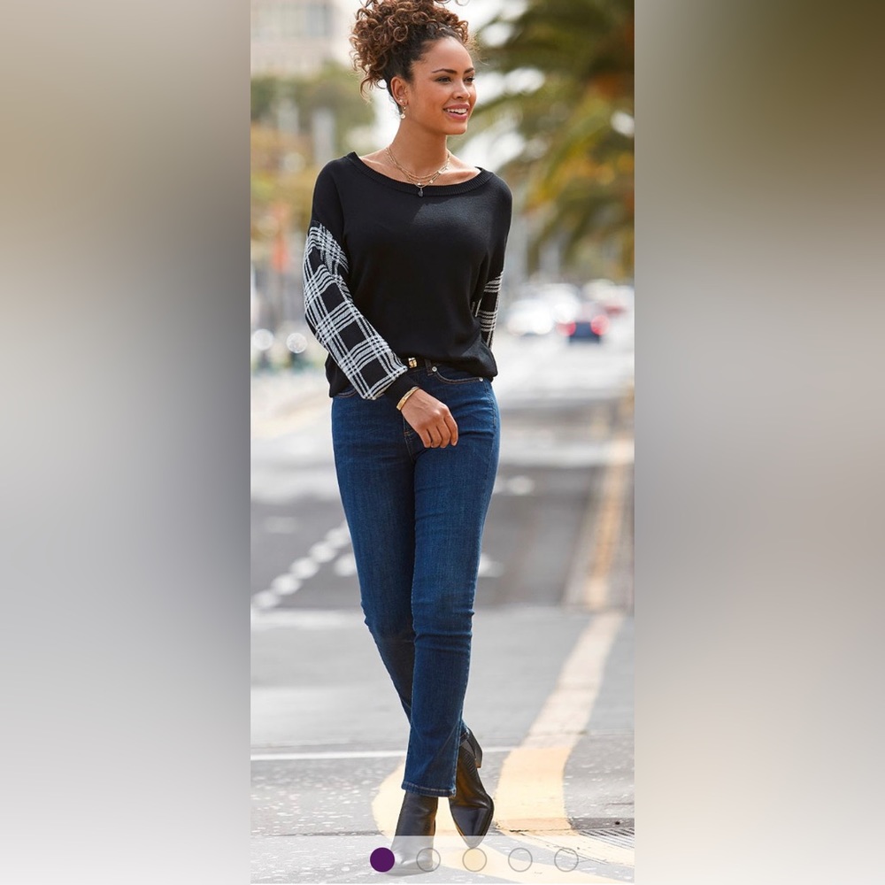 Lascana black with plaid sleeves sweater. Size 0/2. NWOT.